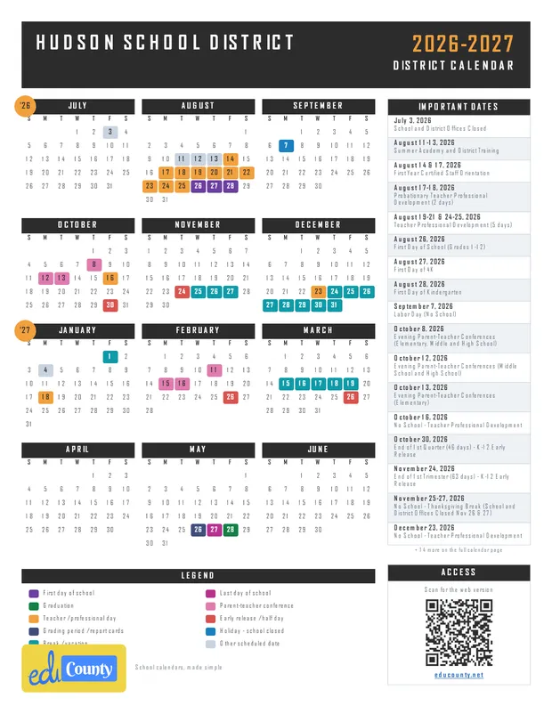 Hudson School District printable 2026-27 calendar