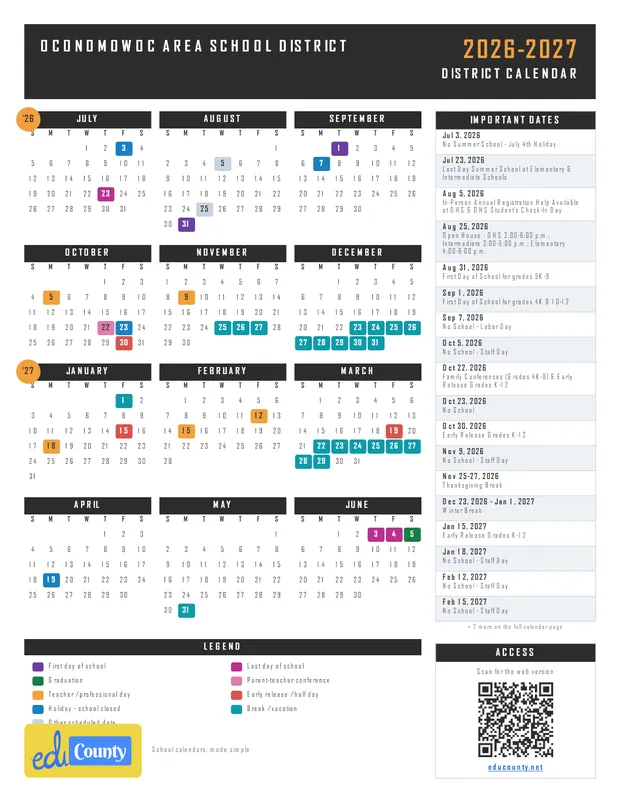 Oconomowoc Area School District printable 2026-27 calendar