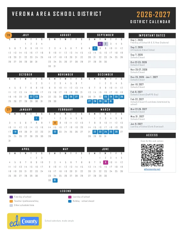 Verona Area School District printable 2026-27 calendar