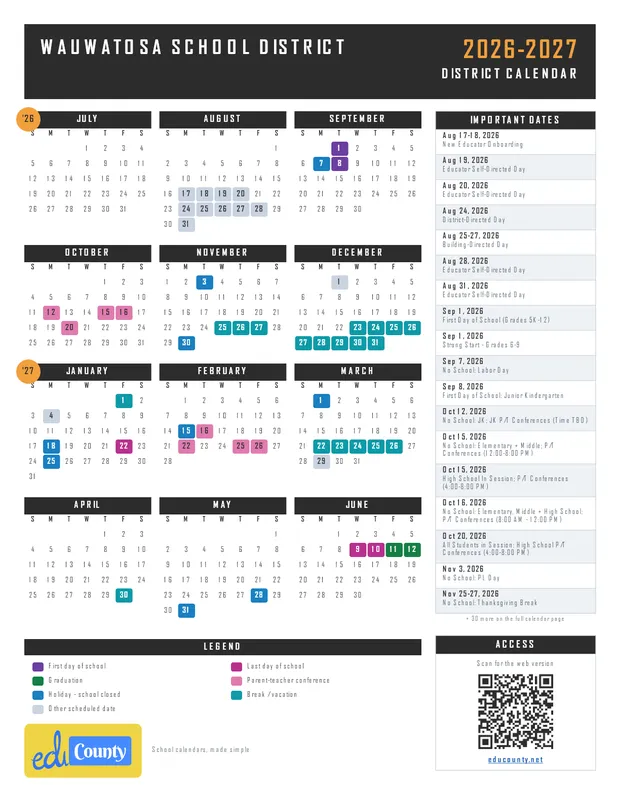 Wauwatosa School District printable 2026-27 calendar