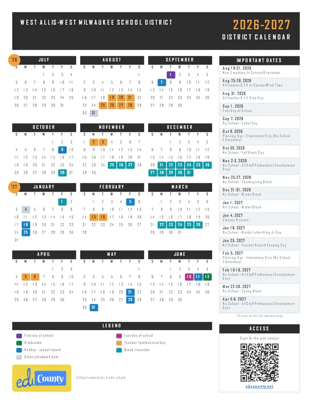 West Allis–West Milwaukee School District printable 2026-27 calendar