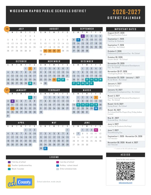 Wisconsin Rapids Public Schools District printable 2026-27 calendar