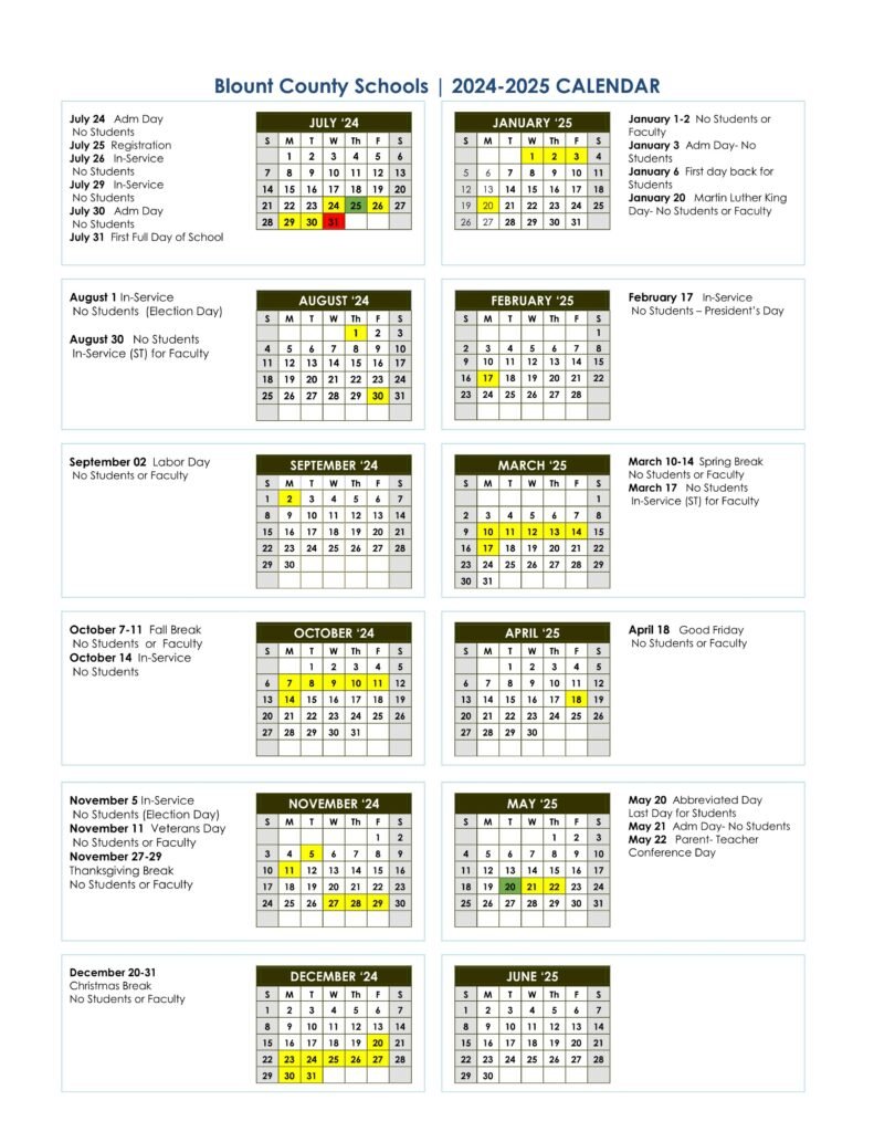 Blount County Schools calendar 24-25 [Revised]