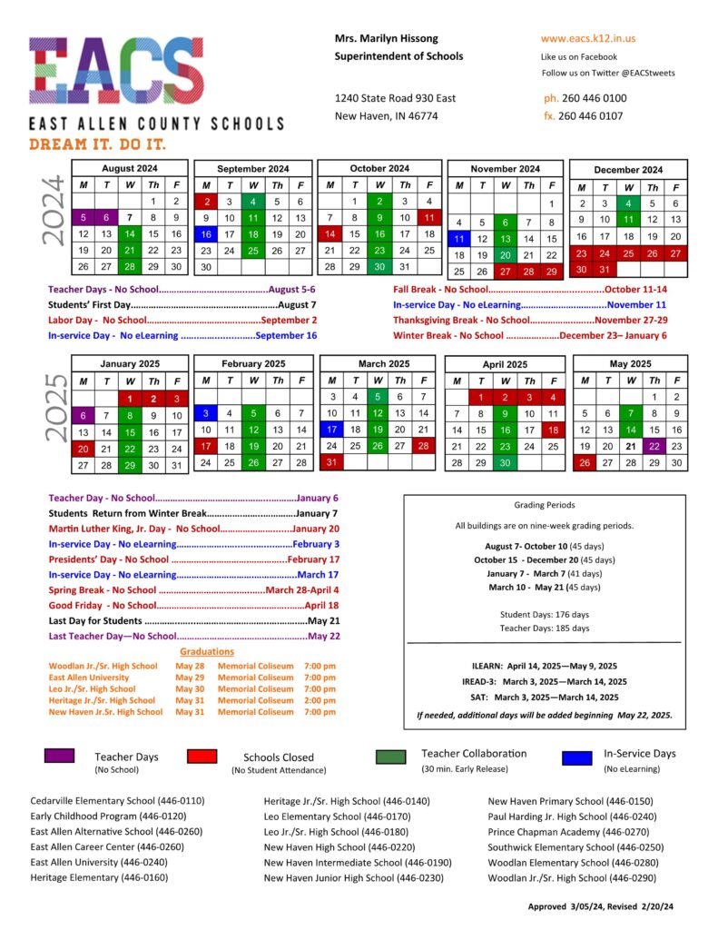 east allen school county calendar 24 25