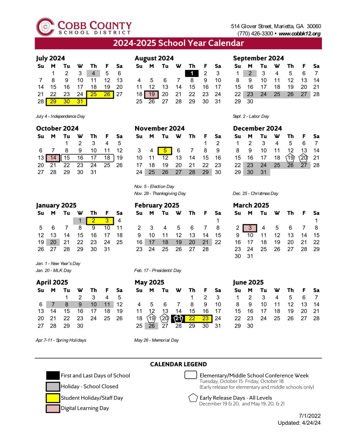 Cobb County School Calendar 24 25 Revised PDF EduCounty