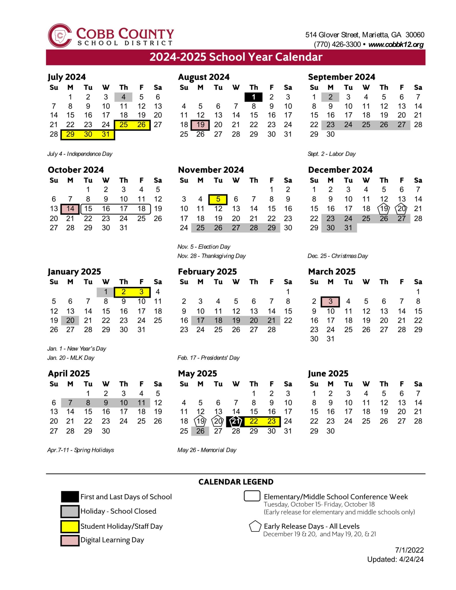 Cobb County School Calendar 24 25 Revised PDF EduCounty