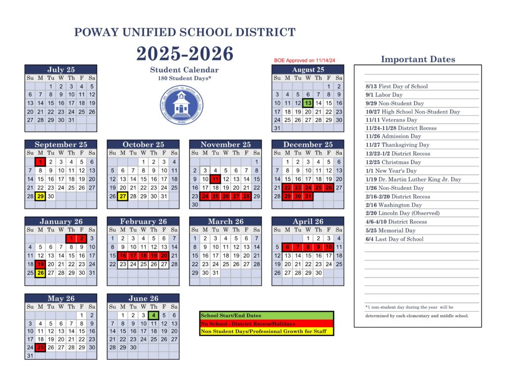 Poway District Calendar Poway Unified School District