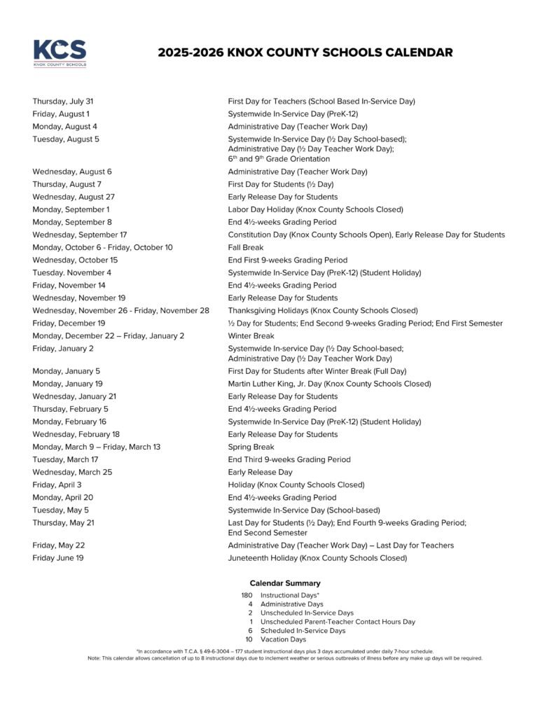 Knox County Schools calendar for 2025-2026