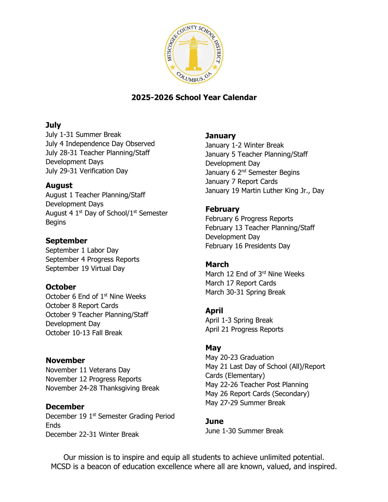 Muscogee County GA Schools Calendar 25 26 PDF EduCounty Muscogee County GA Schools Calendar 25 26 PDF EduCounty