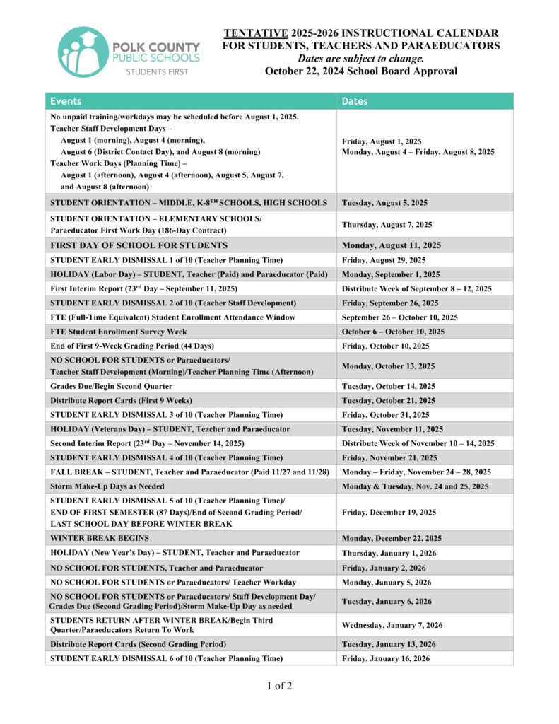 Polk County Schools Calendar 25 26 PDF EduCounty