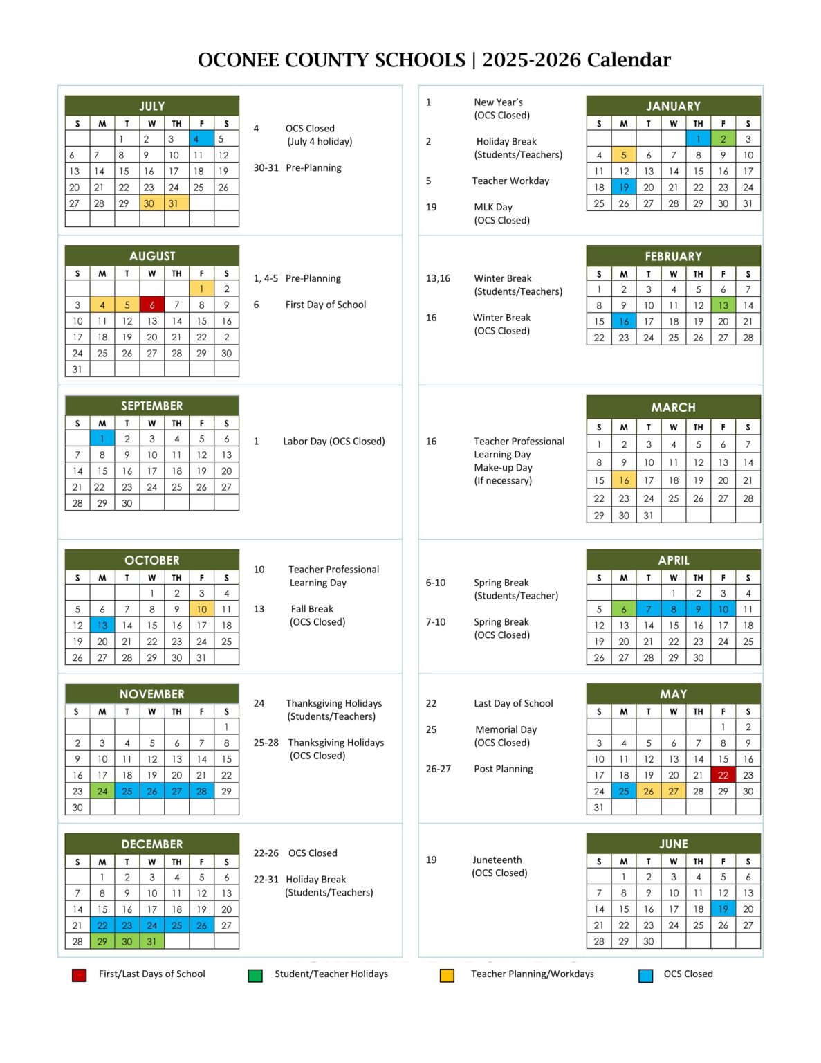 Oconee County ga Schools Calendar 25 26 PDF EduCounty