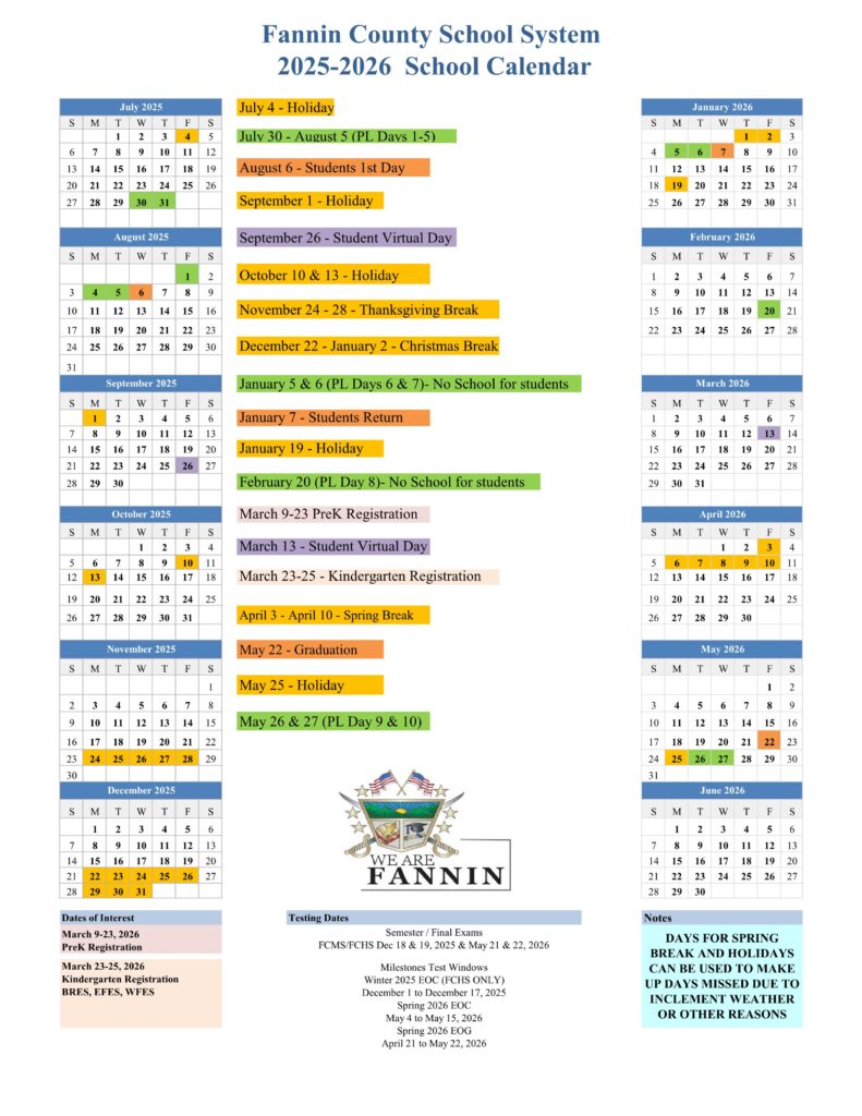 Fannin County GA Schools Calendar 25 26 PDF EduCounty