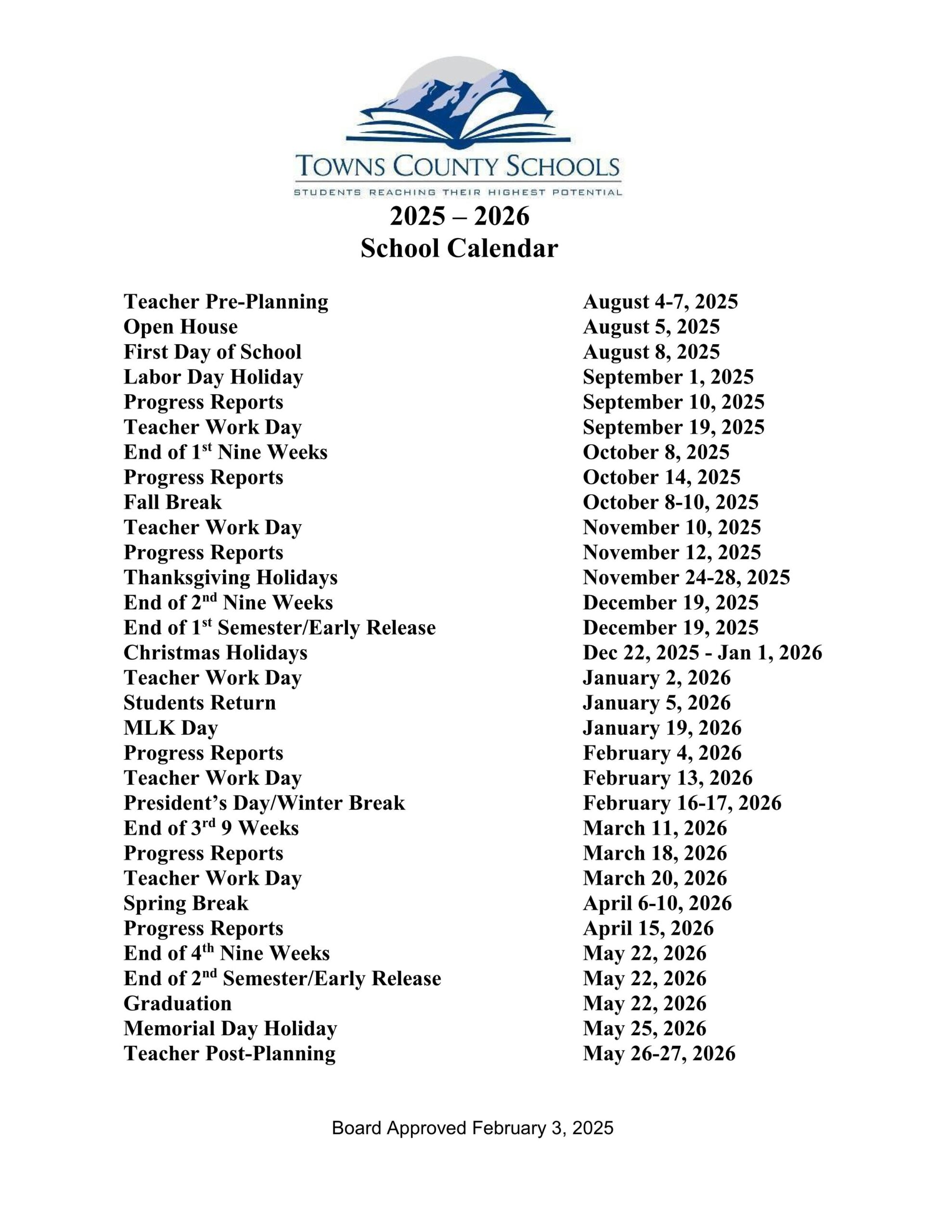 Towns County Schools Calendar 25 26 pdf EduCounty