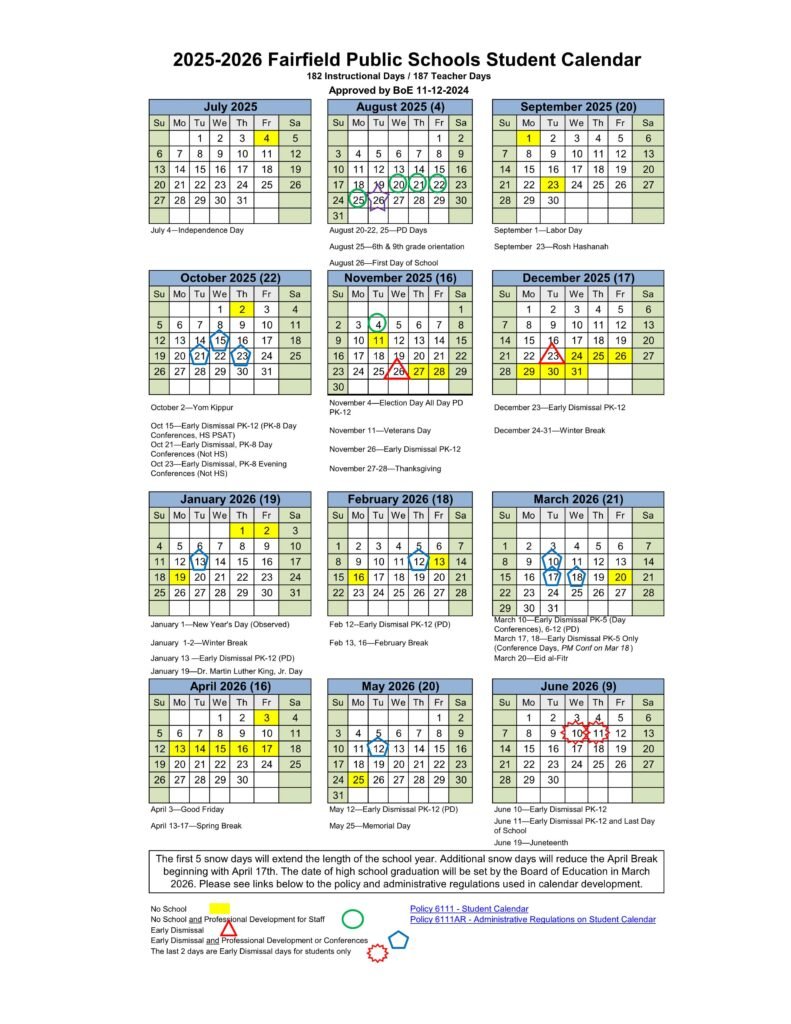 Fairfield County ct schools calendar 25-26