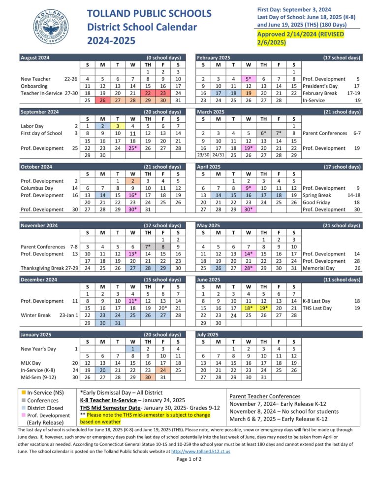 Tolland Public Schools Calendar 24 25 PDF EduCounty