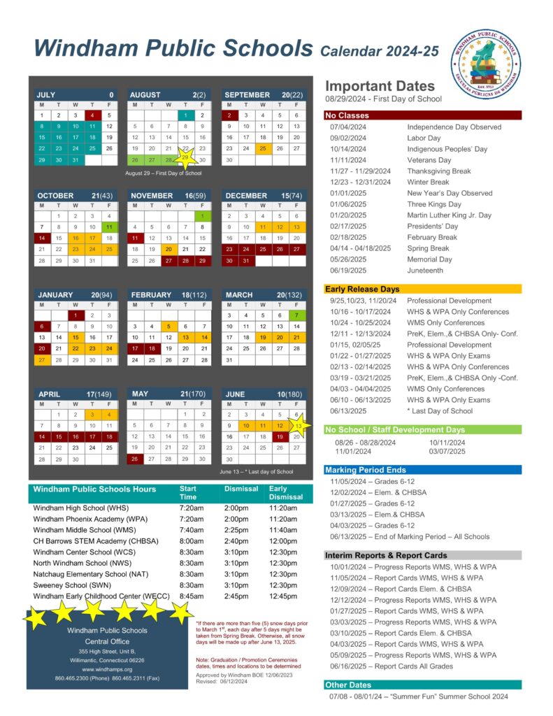 Windham Public Schools Calendar 24 25 PDF EduCounty