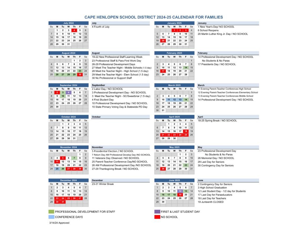 Cape Henlopen School district calendar 24-25