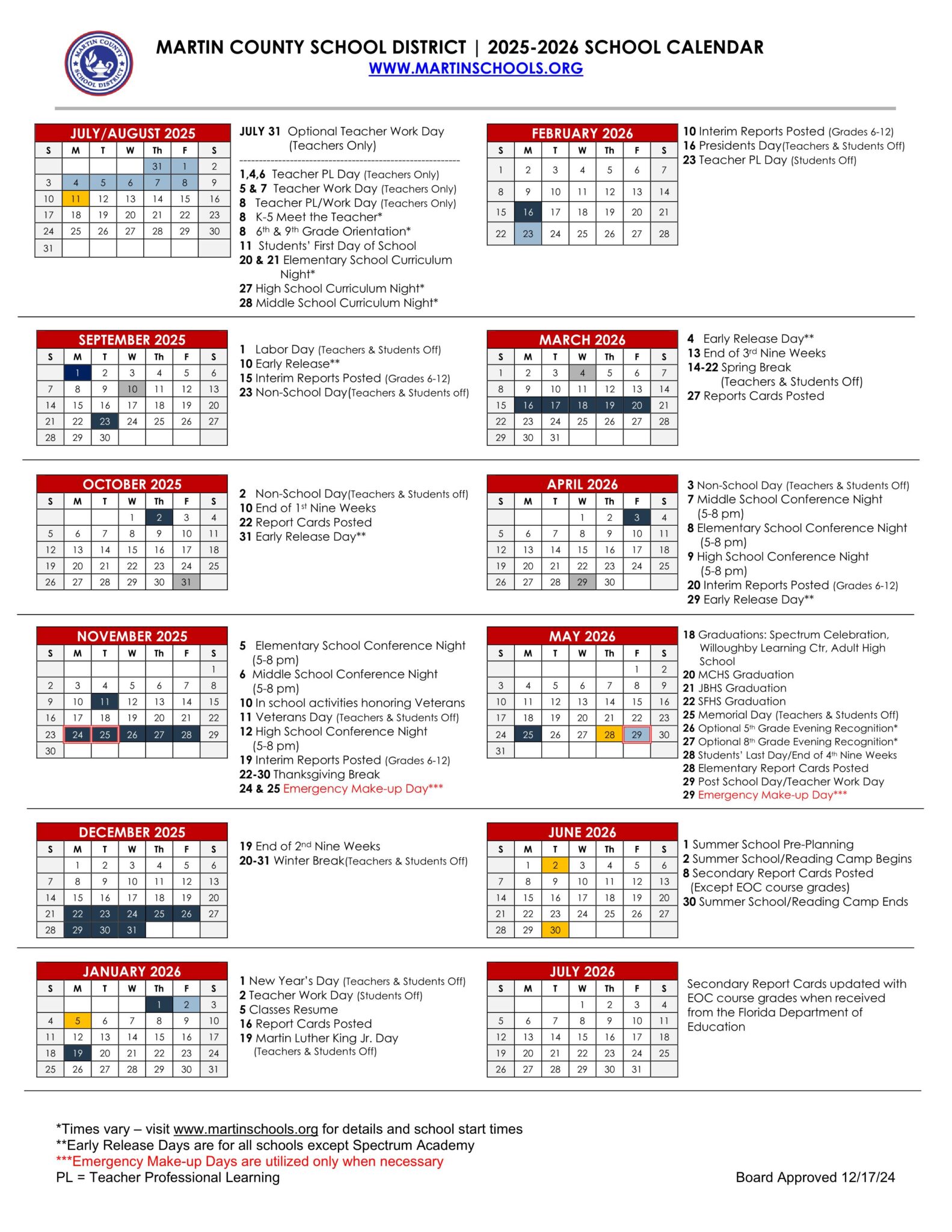 MCSD Martin County fl Schools Calendar 2526 [PDF] EduCounty