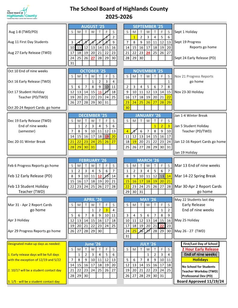 Highlands County schools calendar 25-26