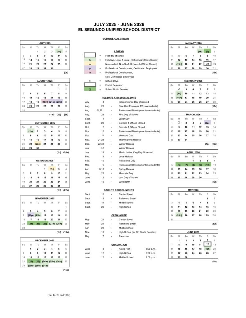 el segundo school calendar 25-26