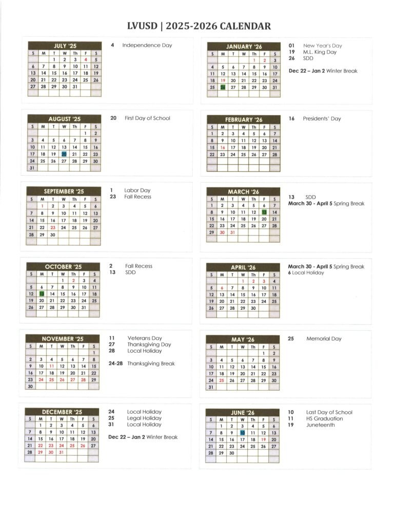 Las Virgenes Unified School District calendar 25-26