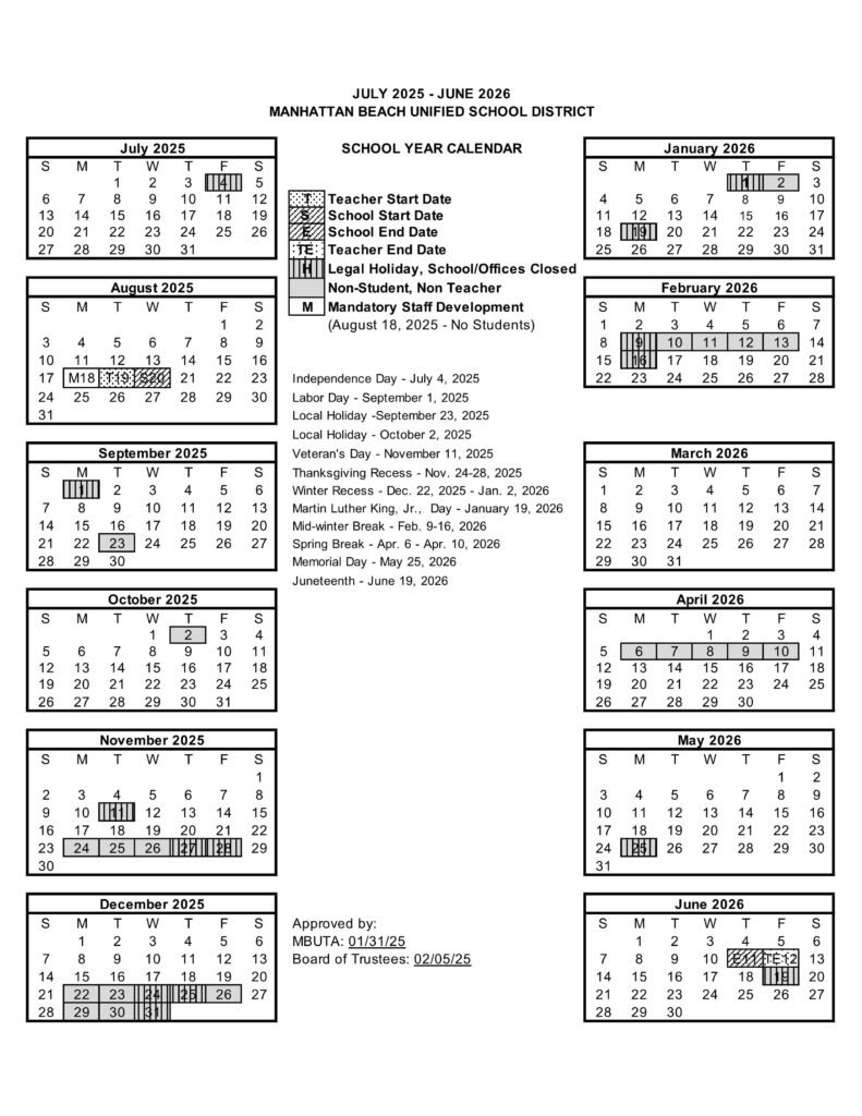 Manhattan Beach Unified School District Calendar 25-26