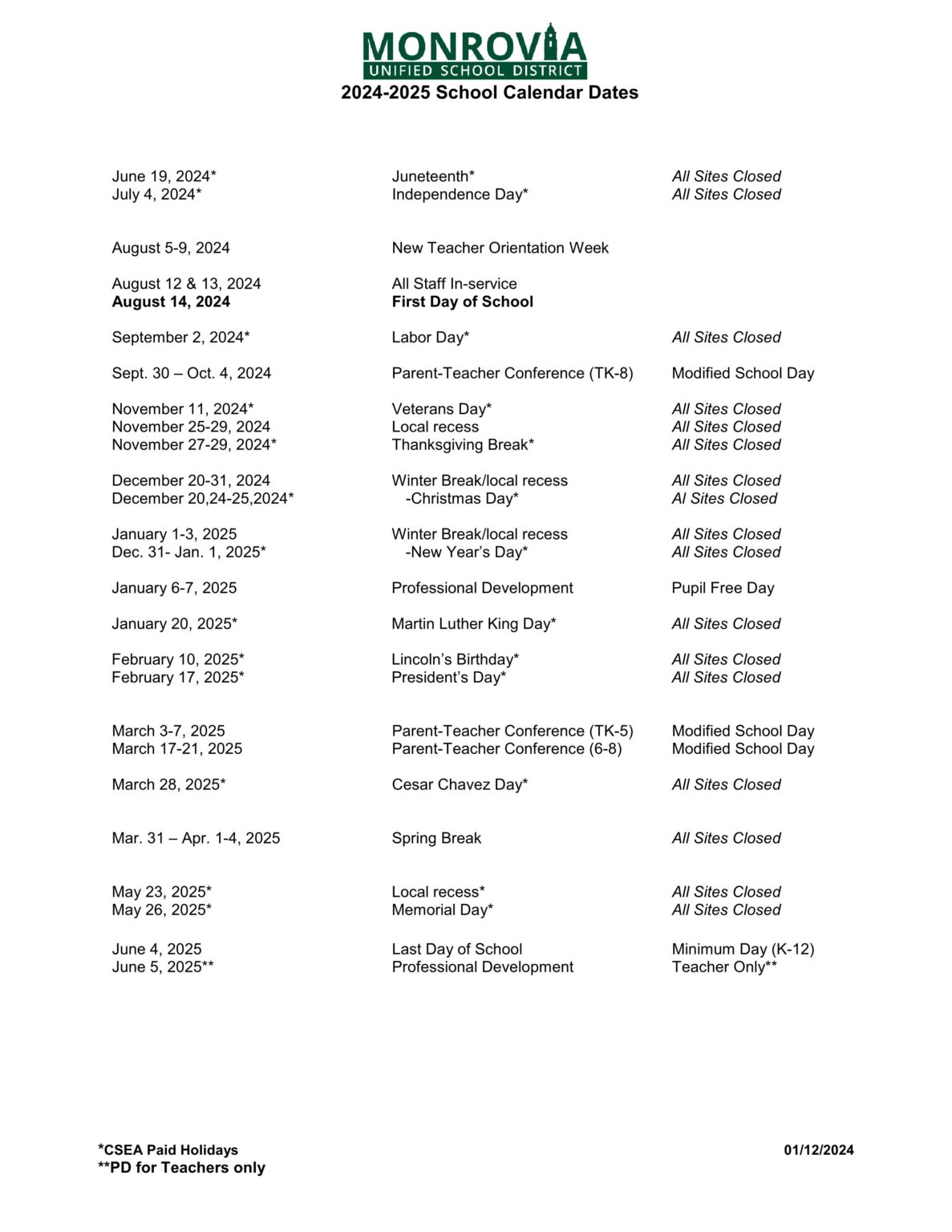 Monrovia Unified MUSD Calendar 2526 [PDF] EduCounty