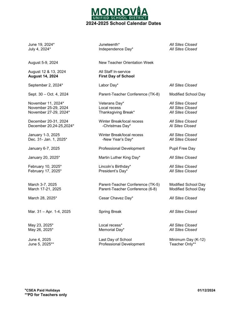 Monrovia Unified School District calenader 24-25