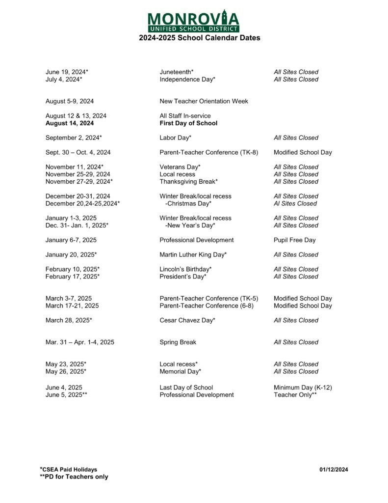 Monrovia Unified School District calenader 24-25