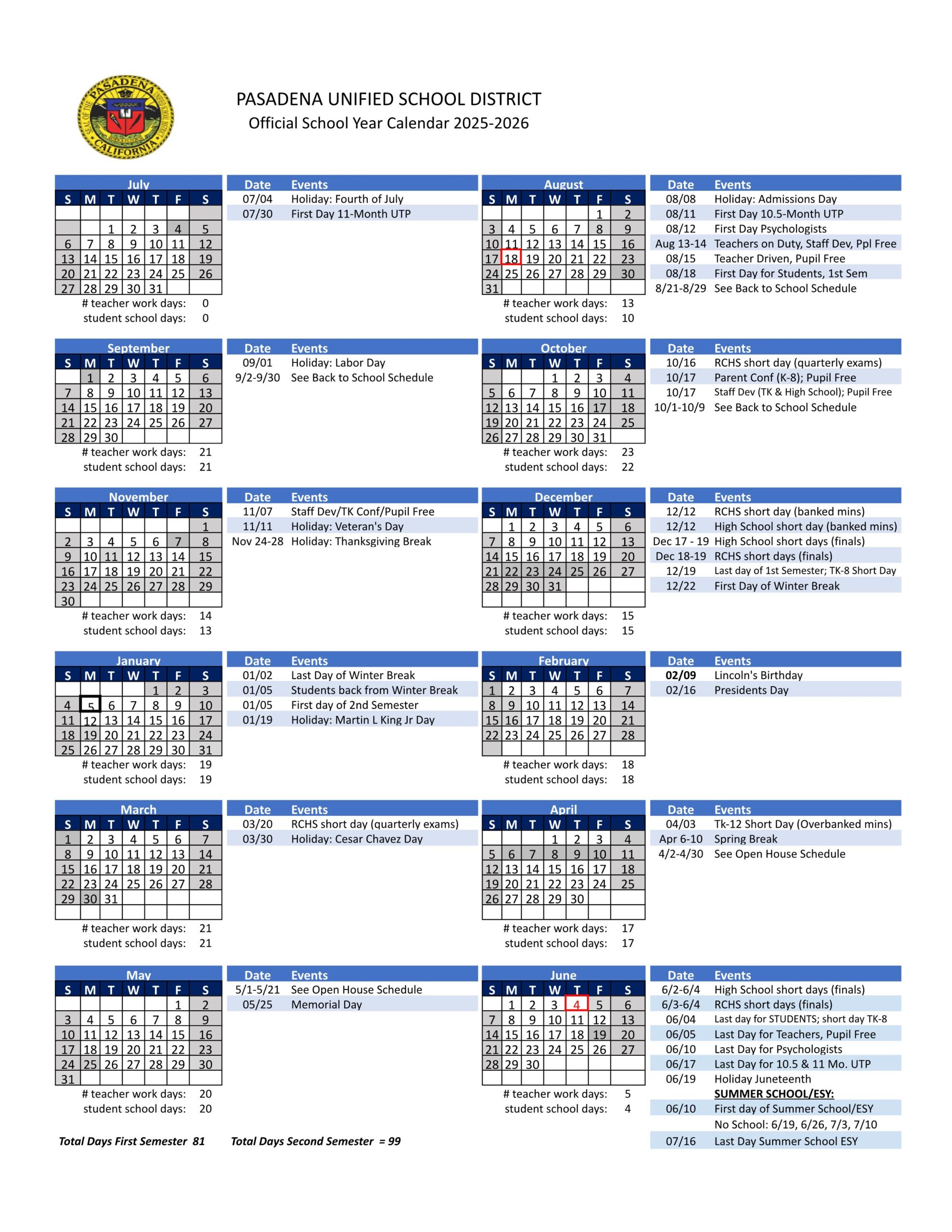 Pasadena USD Calendar 2526 [PDF] EduCounty