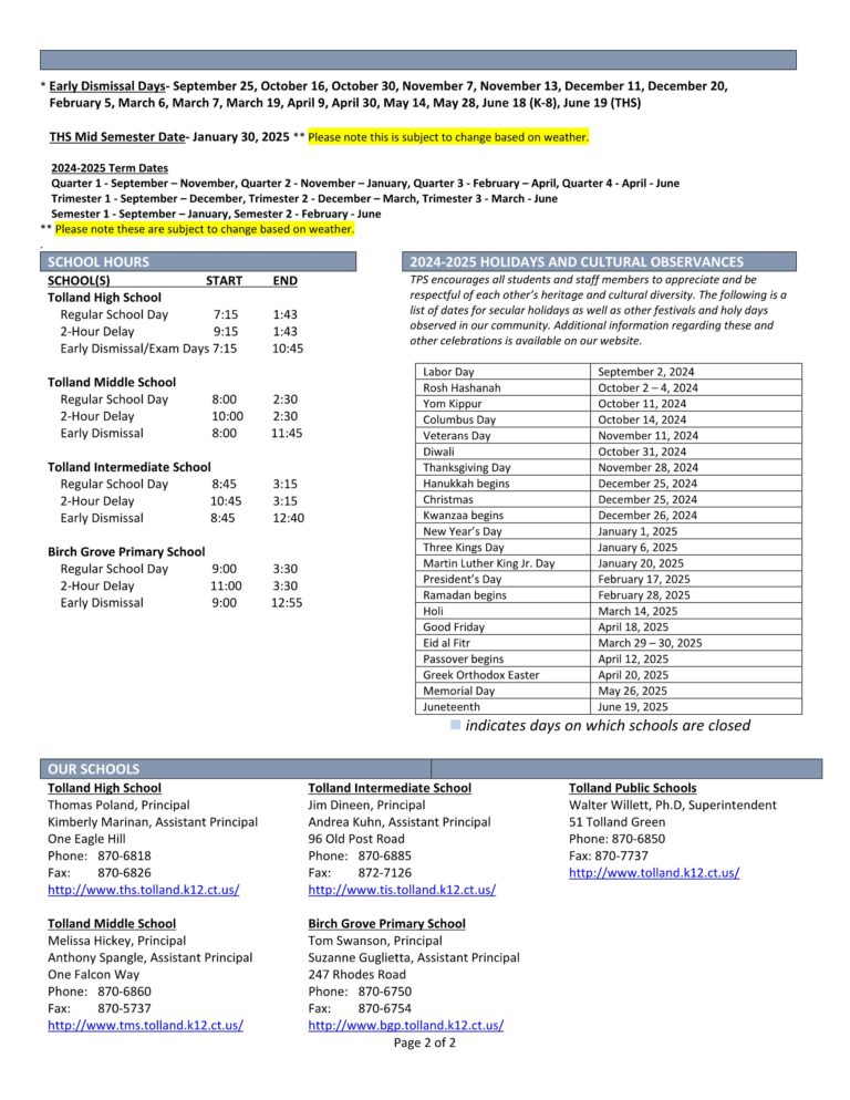 Tolland Public Schools Calendar 24 25 PDF EduCounty