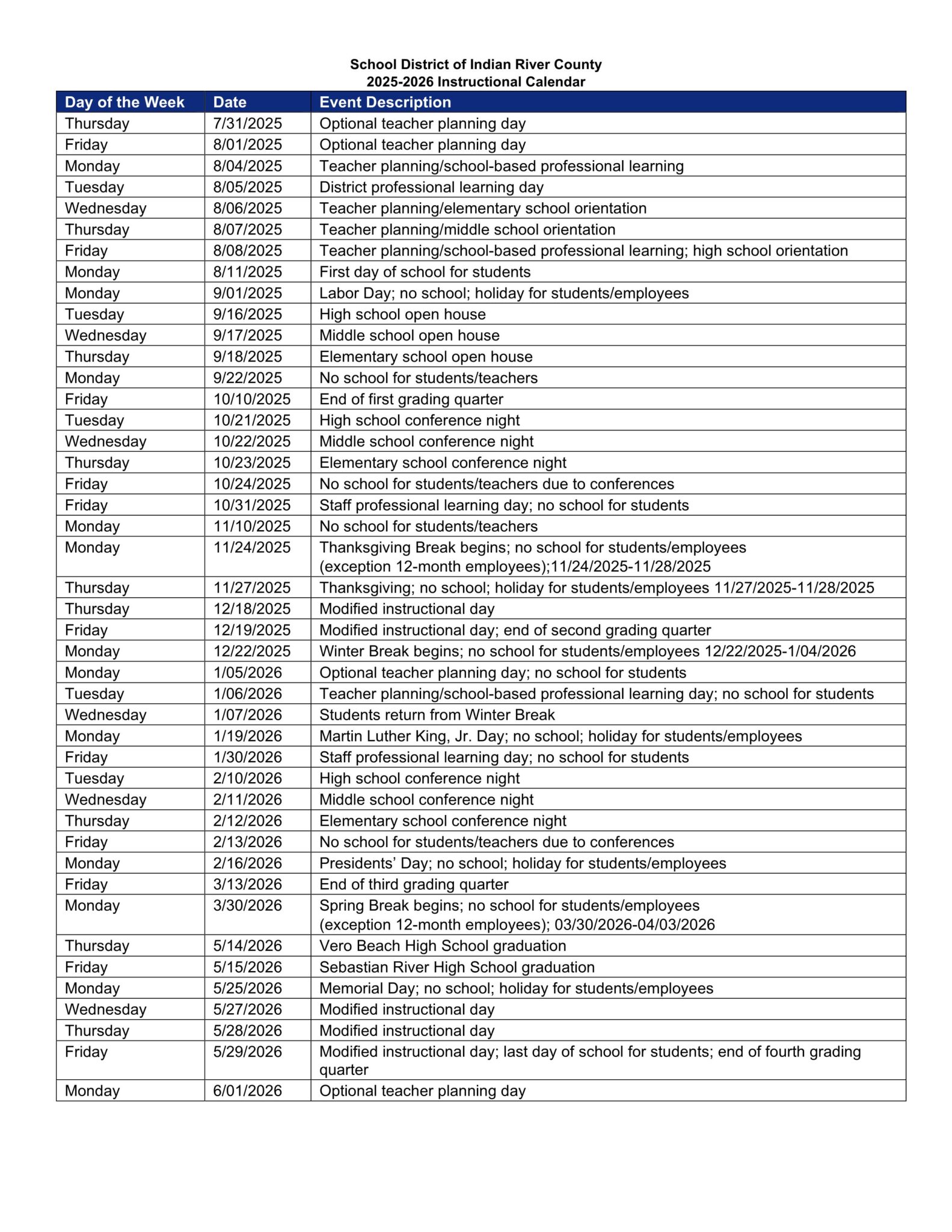 Indian River County Schools Calendar 2526 [PDF] EduCounty