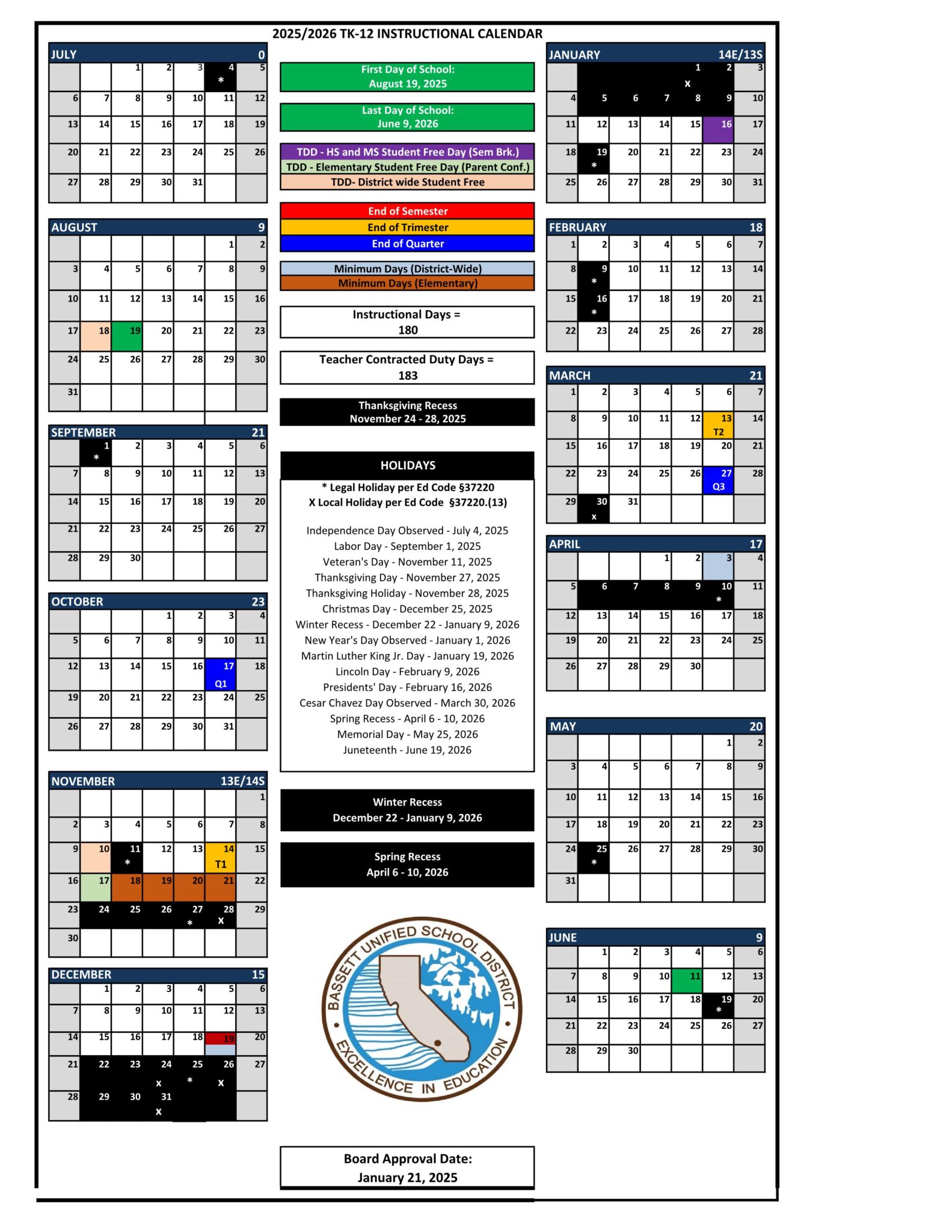 Bassett Unified BUSD Calendar 2526 [PDF] EduCounty