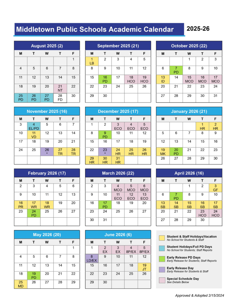 Middletown Public schools Calender 25-26
