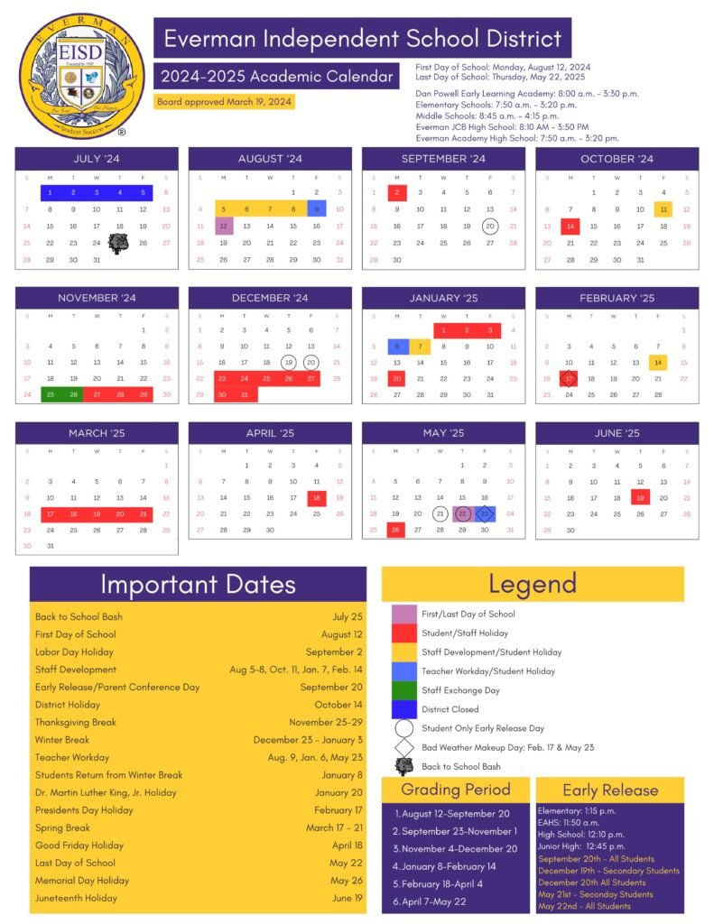 Everman ISD School District Calendar 24-25