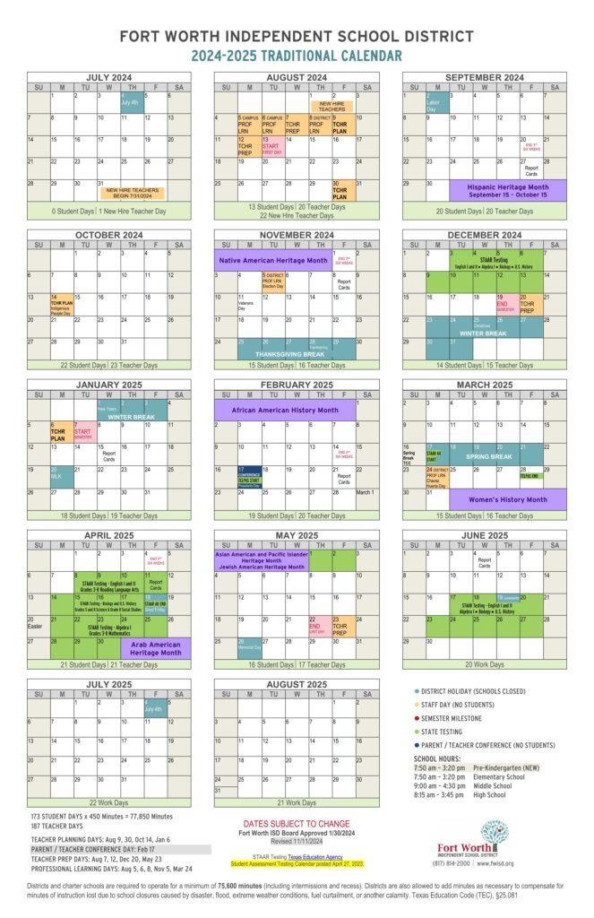 FORT WORTH ISD SCHOOLS CALENDAR 24-25