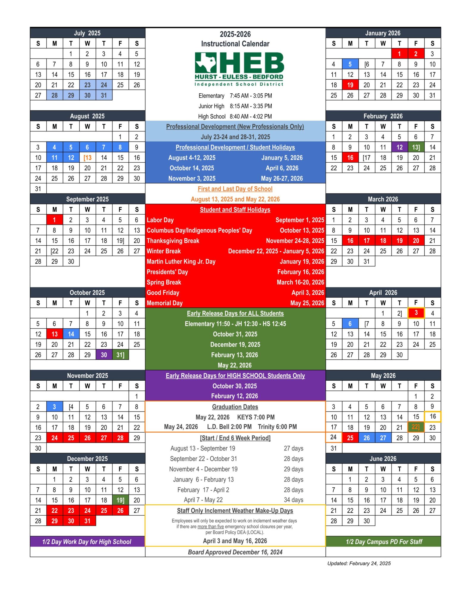 Hurst Euless Bedford HEB ISD Schools Calendar [2526] EduCounty