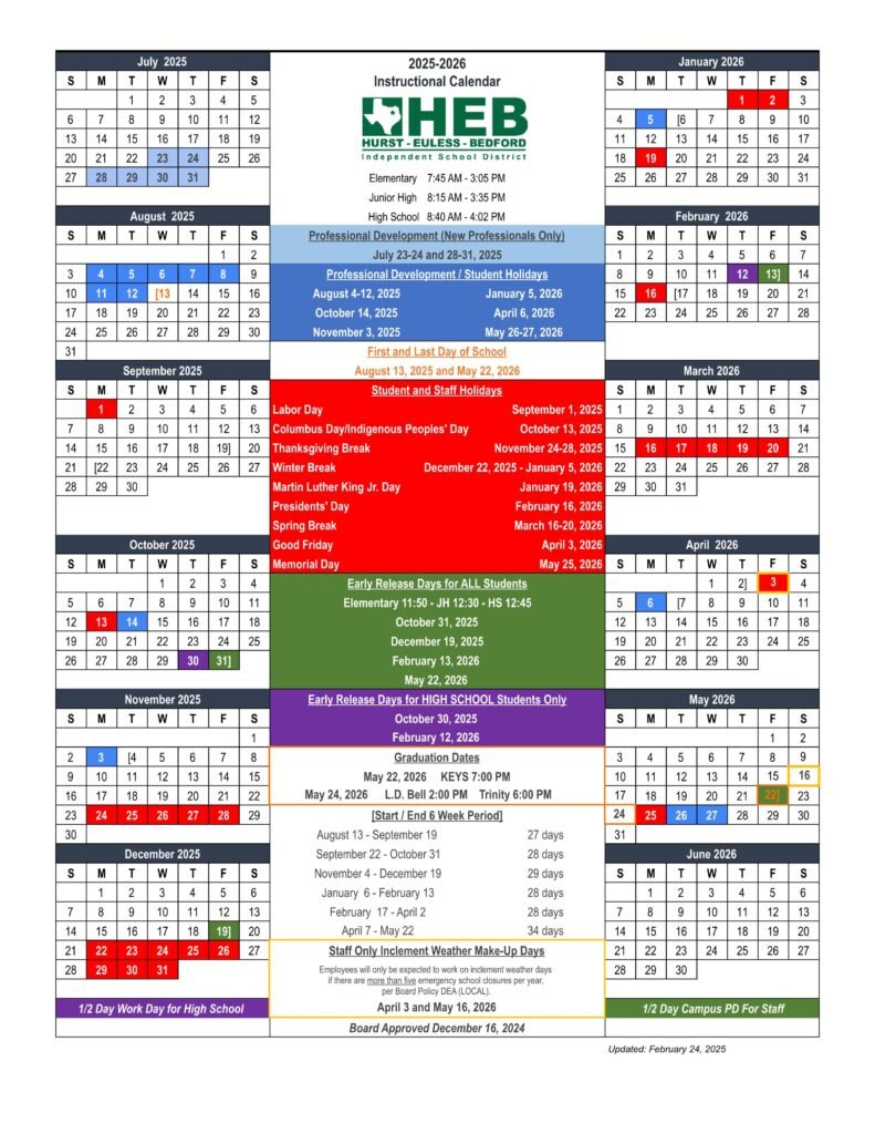 heb isd school calendar 25-26