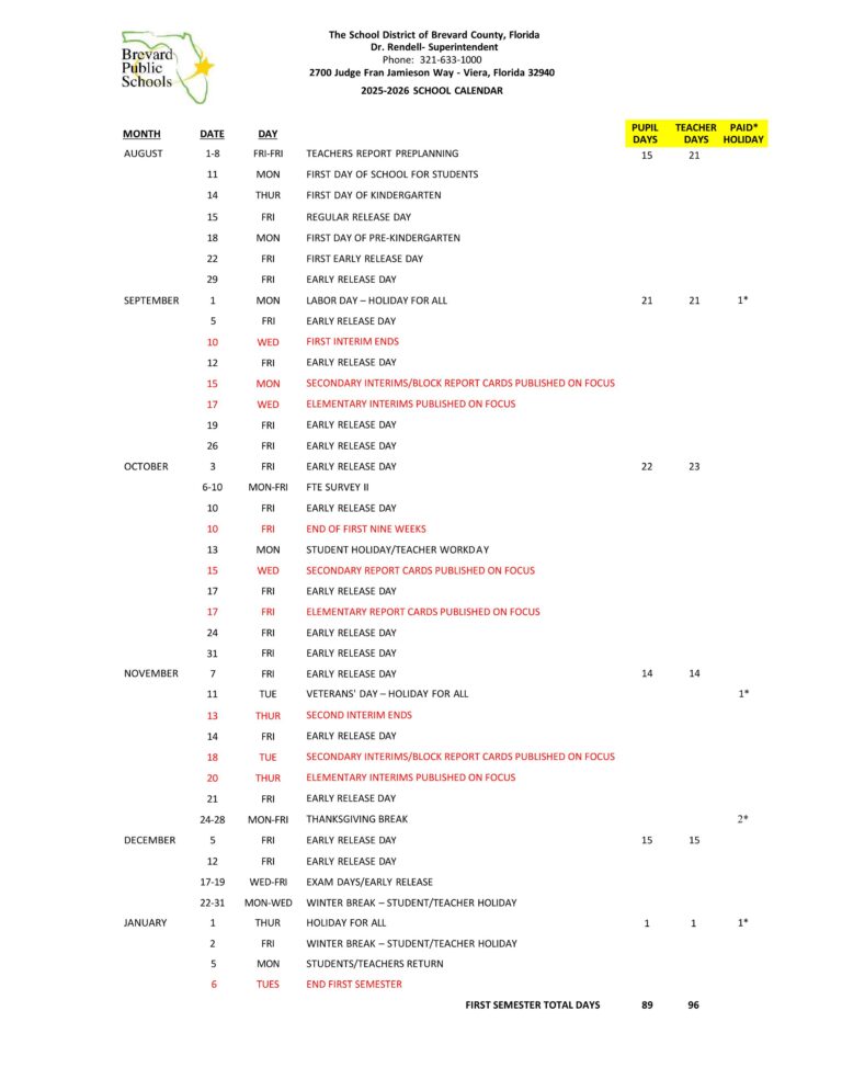 Brevard County FL Schools Calendar 25 26 PDF EduCounty
