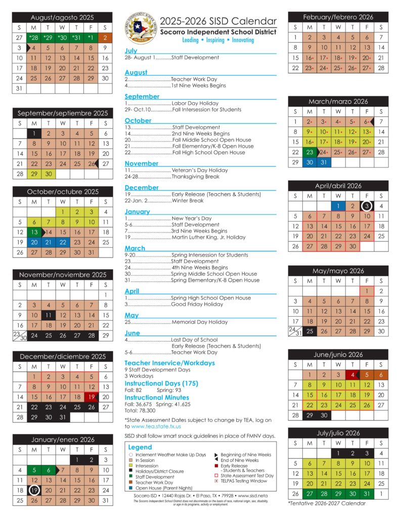 SOCORRO SISD School Calendar 2526 [PDF] EduCounty