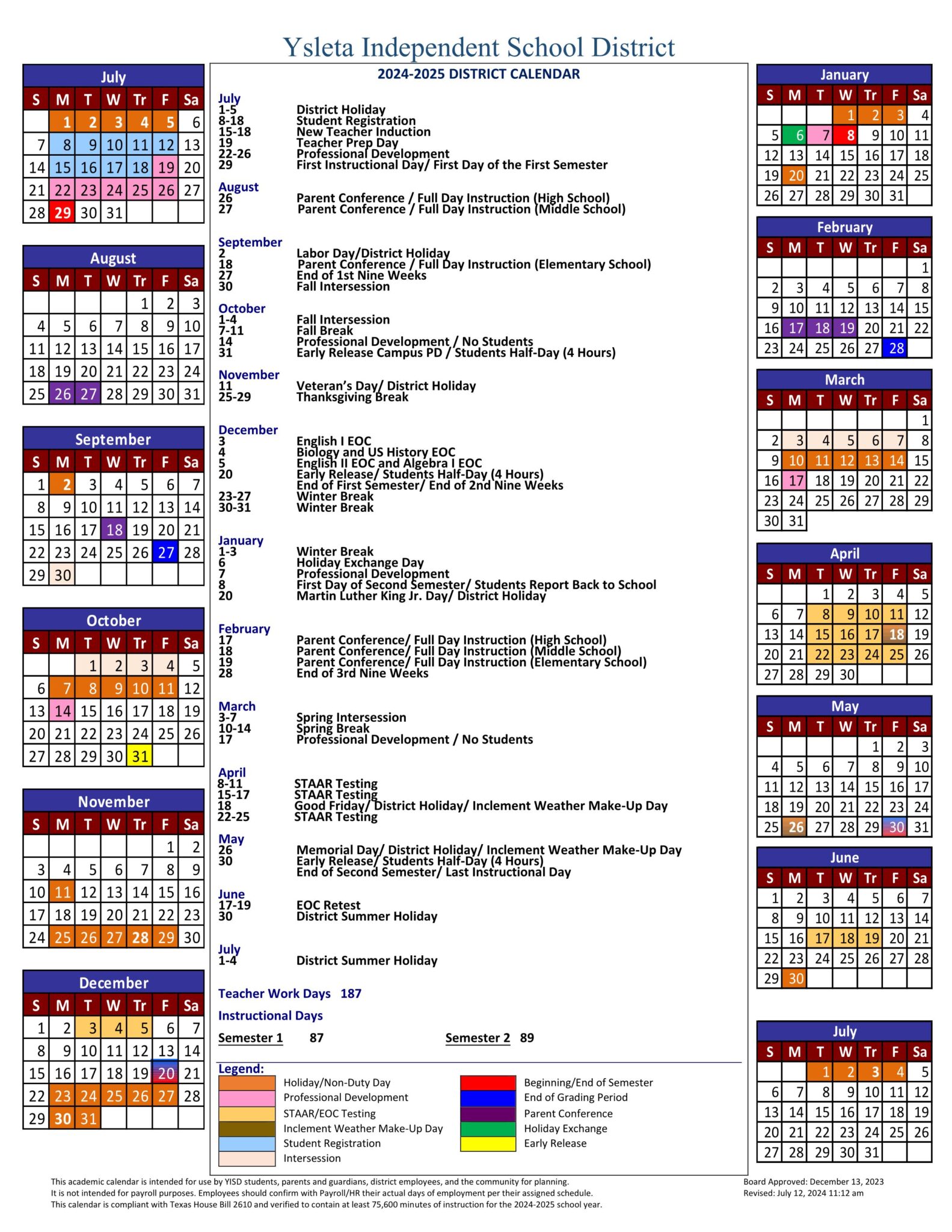 YSLETA YISD School Calendar 2425 [PDF] EduCounty