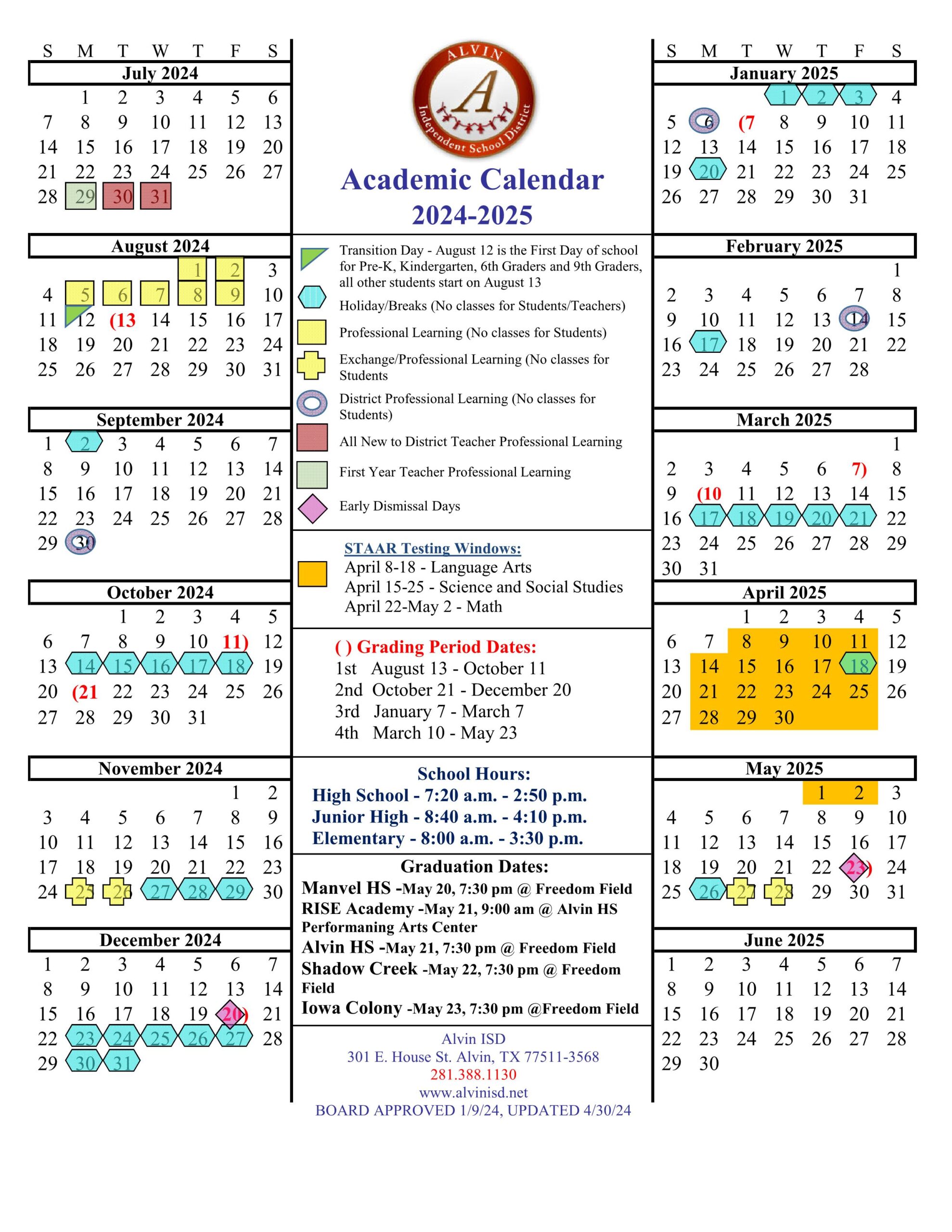 Alvin ISD School Calendar 2425 [PDF] EduCounty