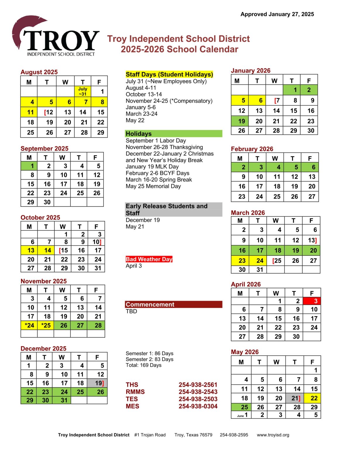 Troy ISD School Calendar 25 26 PDF EduCounty
