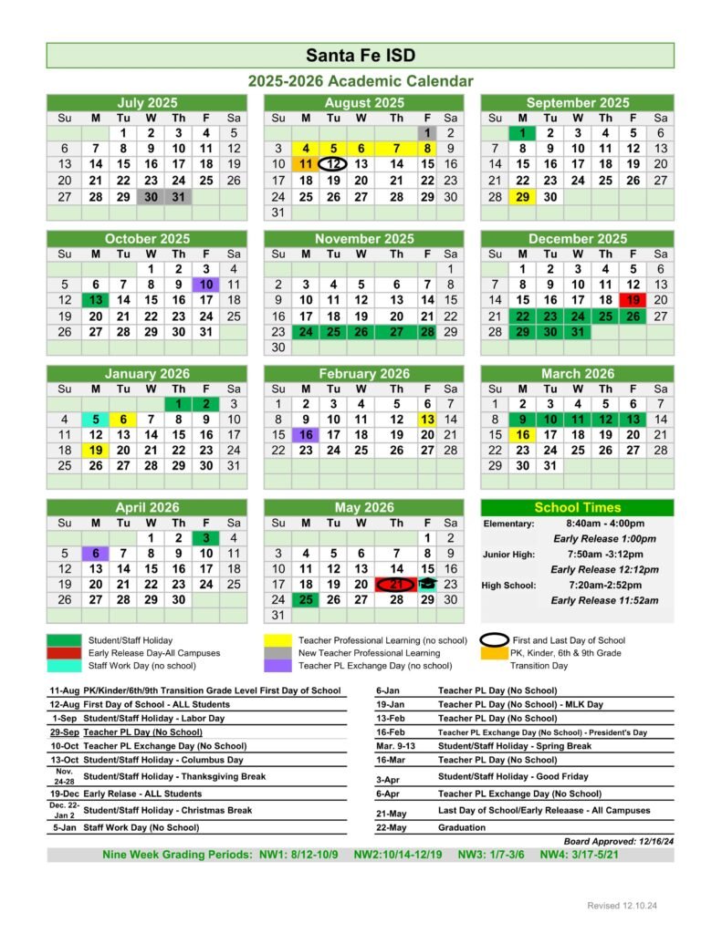 SANTA FE ISD SCHOOL CALENDAR 25-26