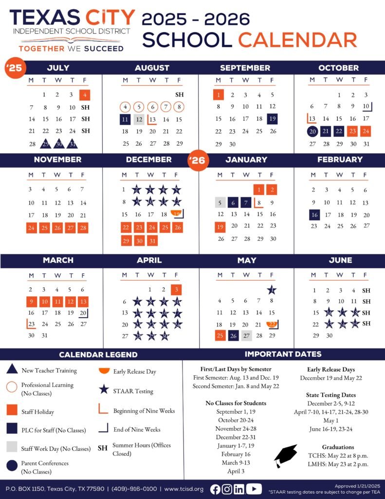 TEXAS CITY SCHOOL CALENDAR 25-26