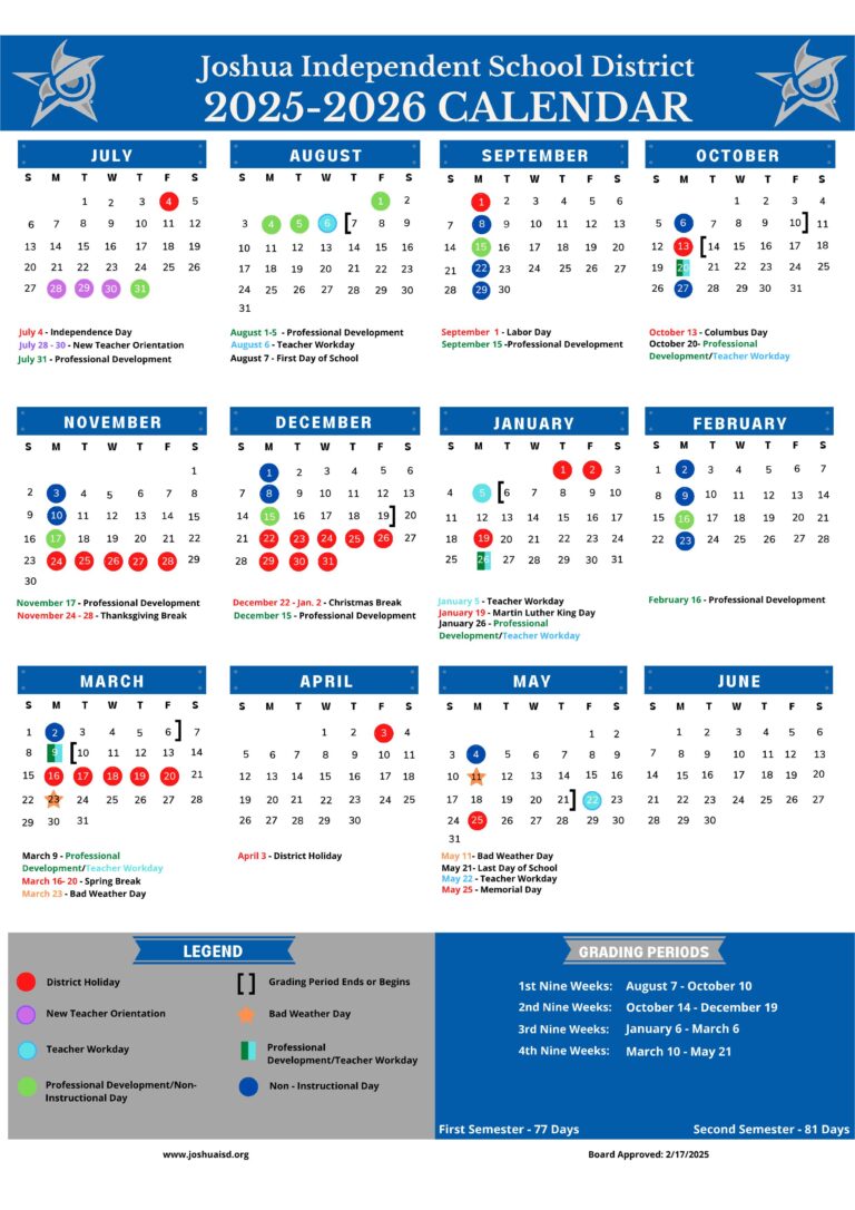 Joshua ISD School Calendar 25 26 PDF EduCounty