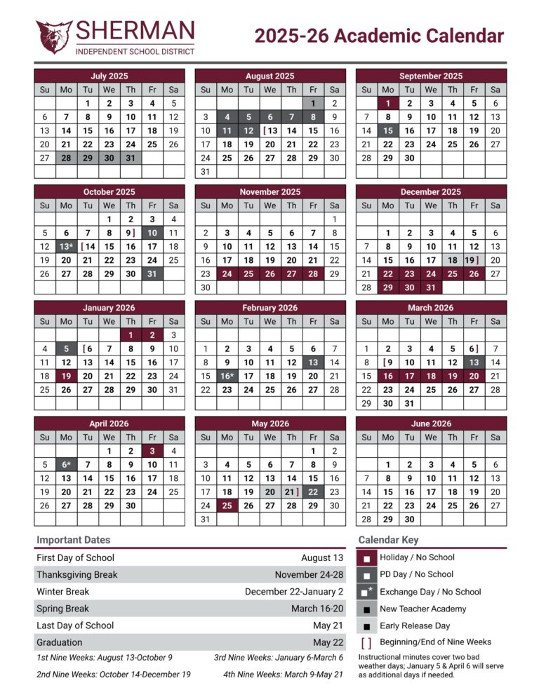 Sherman ISD School Calendar 2425 EduCounty