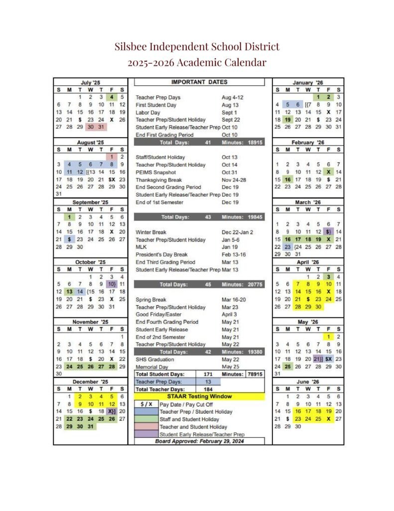 Silsbee ISD School Calendar 25-26
