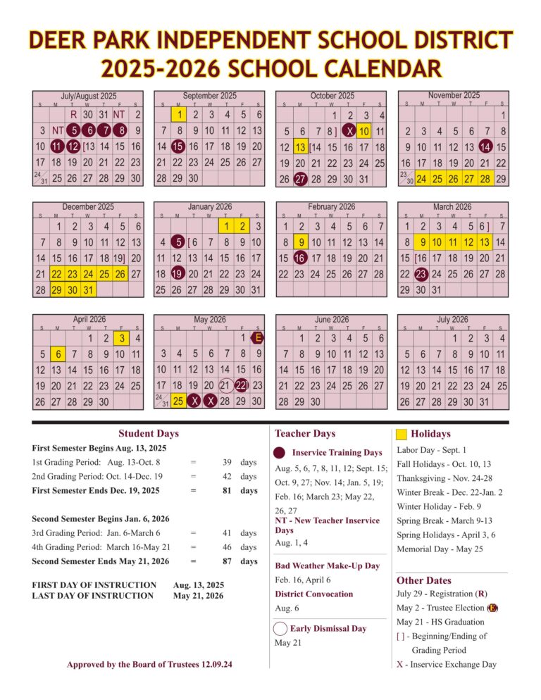 Deer Park ISD School District Calendar 2526 [PDF] EduCounty