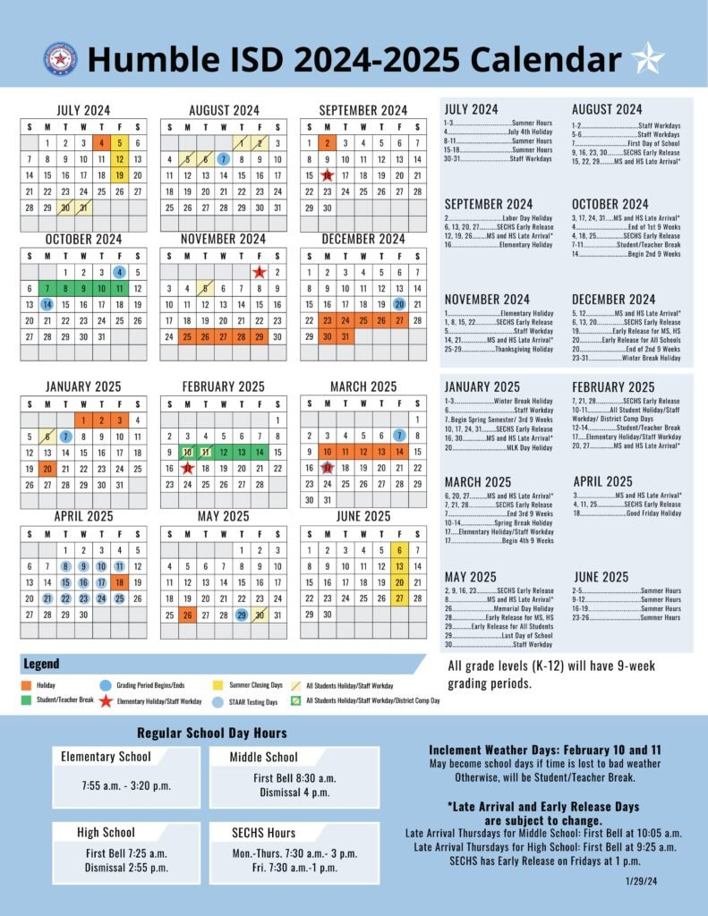 Humble ISD School District Calendar 24-25